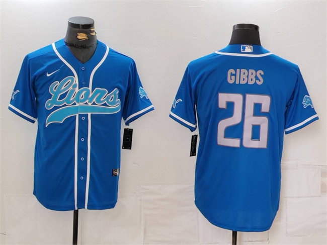 Men's Detroit Lions #26 Jahmyr Gibbs Blue Cool Base Stitched Baseball Jersey Men's Detroit Lions #26 Jahmyr Gibbs Blue Cool Base Stitched Baseball Jersey